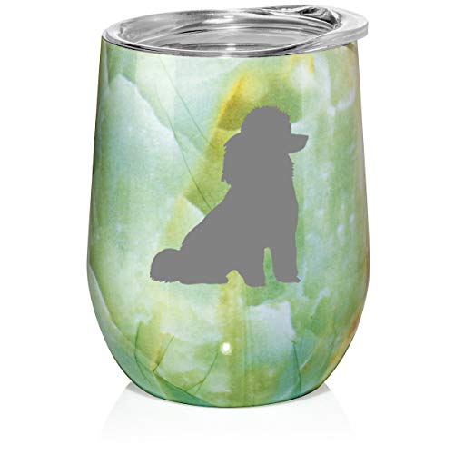 12 oz Double Wall Vacuum Insulated Stainless Steel Marble Stemless Wine Tumbler Glass Coffee Travel Mug With Lid Miniature Poodle Toy Poodle (Turquoise Green Marble)