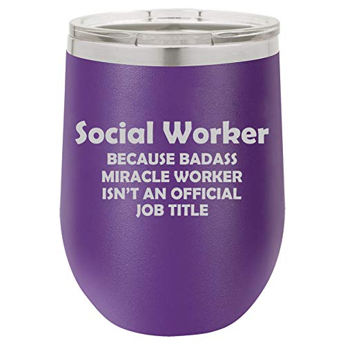 12 oz Double Wall Vacuum Insulated Stainless Steel Stemless Wine Tumbler Glass Coffee Travel Mug With Lid Social Worker Miracle Worker Job Title Funny (Purple)