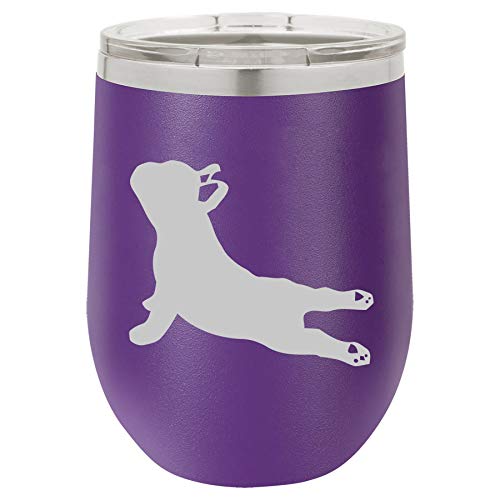 12 oz Double Wall Vacuum Insulated Stainless Steel Stemless Wine Tumbler Glass Coffee Travel Mug With Lid French Bulldog Yoga (Purple)