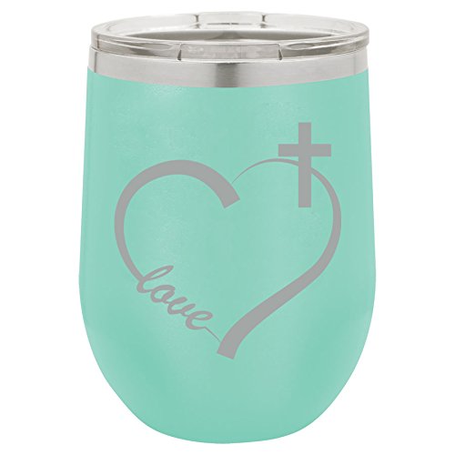 12 oz Double Wall Vacuum Insulated Stainless Steel Stemless Wine Tumbler Glass Coffee Travel Mug With Lid Love Heart Cross Christian (Teal)