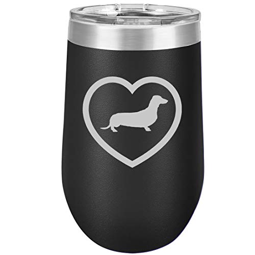 16 oz Double Wall Vacuum Insulated Stainless Steel Stemless Wine Tumbler Glass Coffee Travel Mug With Lid Dachshund Heart (Black)