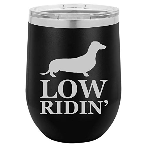 12 oz Double Wall Vacuum Insulated Stainless Steel Stemless Wine Tumbler Glass Coffee Travel Mug With Lid Low Ridin' Dachshund (Black)