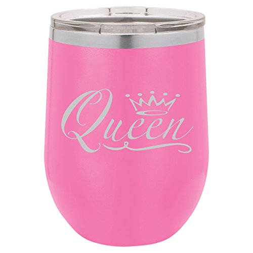 12 oz Double Wall Vacuum Insulated Stainless Steel Stemless Wine Tumbler Glass Coffee Travel Mug With Lid Queen Fancy (Hot-Pink)