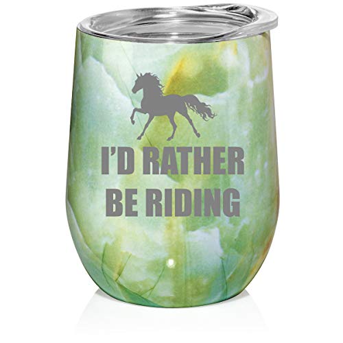 12 oz Double Wall Vacuum Insulated Stainless Steel Marble Stemless Wine Tumbler Glass Coffee Travel Mug With Lid I'd Rather Be Riding Horse (Turquoise Green Marble)