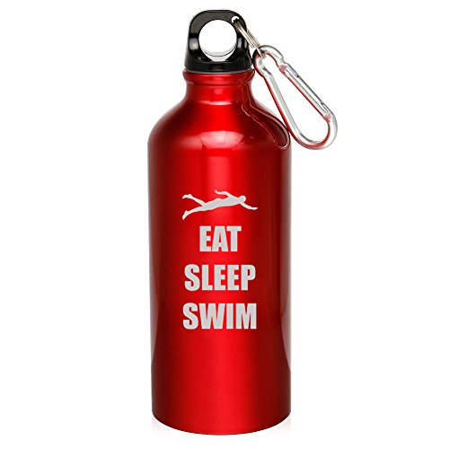 20oz Aluminum Sports Water Bottle Caribiner Clip Eat Sleep Swim Swimmer (Red)