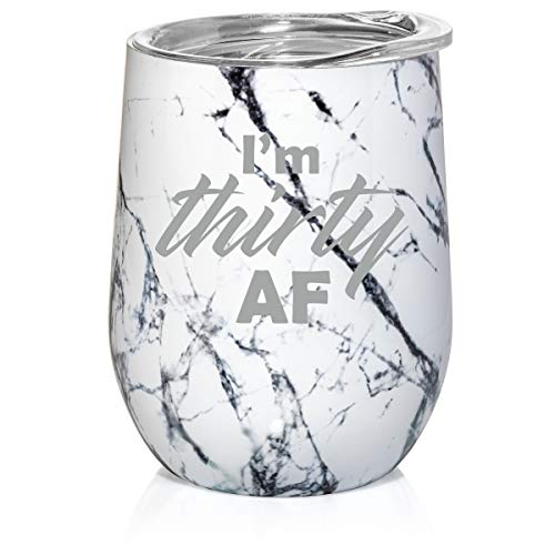 12 oz Double Wall Vacuum Insulated Stainless Steel Marble Stemless Wine Tumbler Glass Coffee Travel Mug With Lid I'm Thirty AF Funny 30th Birthday (Black White Marble)