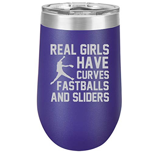 16 oz Double Wall Vacuum Insulated Stainless Steel Stemless Wine Tumbler Glass Coffee Travel Mug With Lid Real Girls Curves Softball (Purple)