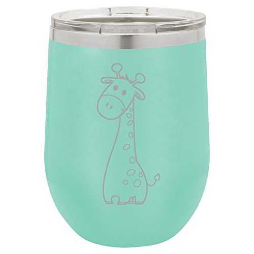 12 oz Double Wall Vacuum Insulated Stainless Steel Stemless Wine Tumbler Glass Coffee Travel Mug With Lid Cute Giraffe (Teal)