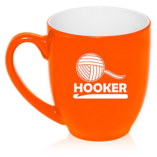 16 oz Large Bistro Mug Ceramic Coffee Tea Glass Cup Funny Crochet Hooker (Orange)