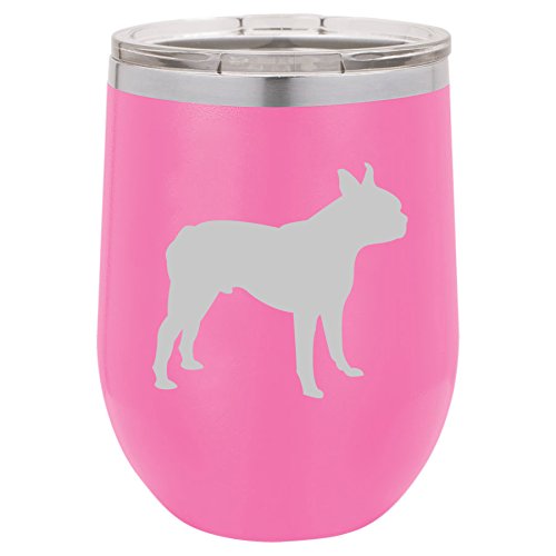 12 oz Double Wall Vacuum Insulated Stainless Steel Stemless Wine Tumbler Glass Coffee Travel Mug With Lid Boston Terrier (Hot-Pink)