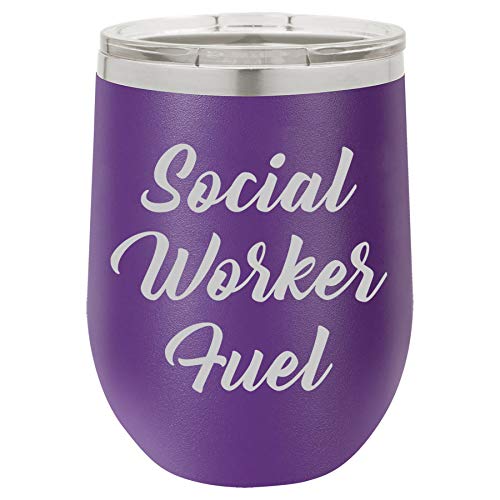 12 oz Double Wall Vacuum Insulated Stainless Steel Stemless Wine Tumbler Glass Coffee Travel Mug With Lid Social Worker Fuel (Purple)