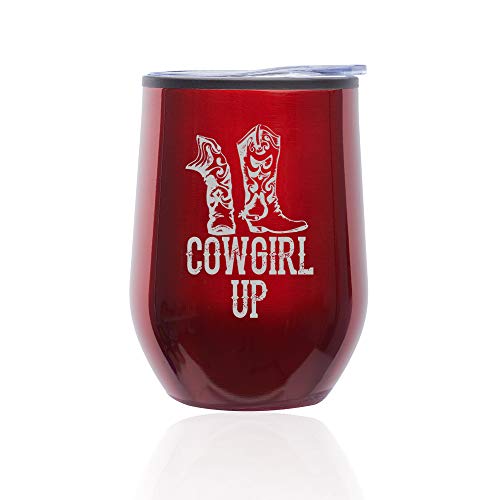 Stemless Wine Tumbler Coffee Travel Mug Glass With Lid Cowgirl Up Boots (Red)