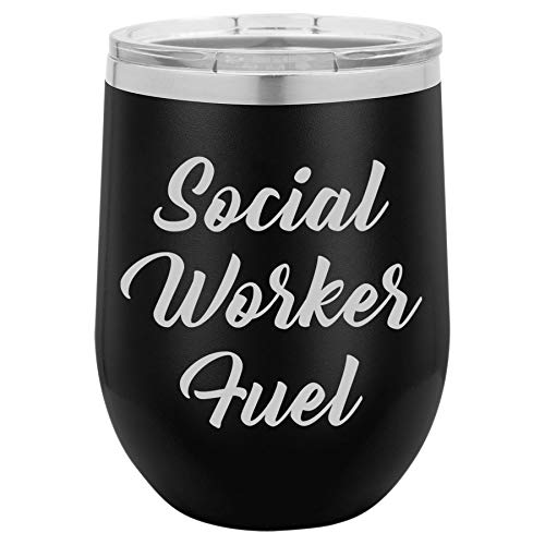 12 oz Double Wall Vacuum Insulated Stainless Steel Stemless Wine Tumbler Glass Coffee Travel Mug With Lid Social Worker Fuel (Black)