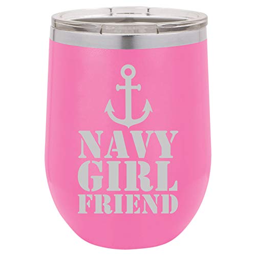 12 oz Double Wall Vacuum Insulated Stainless Steel Stemless Wine Tumbler Glass Coffee Travel Mug With Lid Navy Girlfriend Anchor (Hot-Pink)