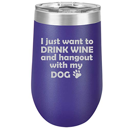 16 oz Double Wall Vacuum Insulated Stainless Steel Stemless Wine Tumbler Glass Coffee Travel Mug With Lid Drink Wine And Hang Out With Dog (Purple)