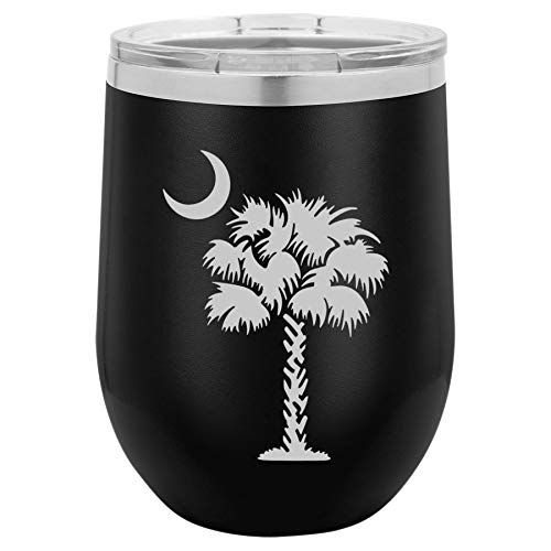 12 oz Double Wall Vacuum Insulated Stainless Steel Stemless Wine Tumbler Glass Coffee Travel Mug With Lid Palmetto Tree South Carolina Palm Moon (Black)