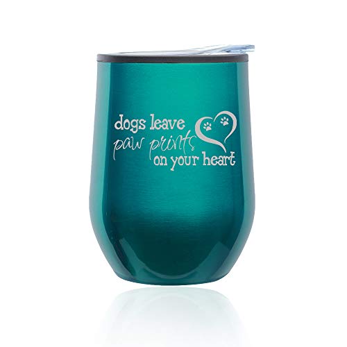 Stemless Wine Tumbler Coffee Travel Mug Glass With Lid Dogs Leave Paw Prints (Turquoise Teal)