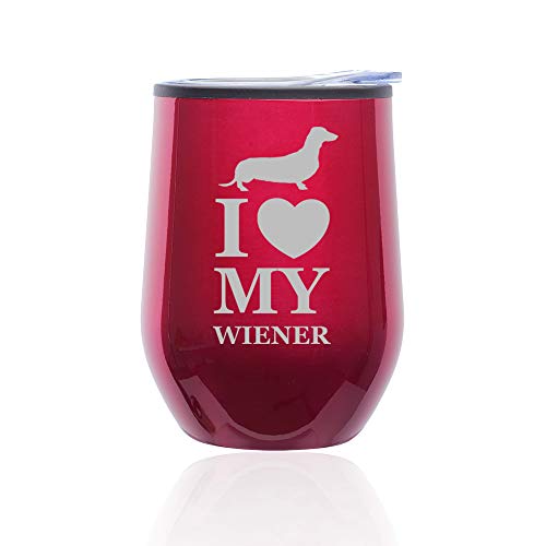 Stemless Wine Tumbler Coffee Travel Mug Glass With Lid I Love My Wiener Dachshund (Fuchsia)
