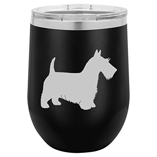 12 oz Double Wall Vacuum Insulated Stainless Steel Stemless Wine Tumbler Glass Coffee Travel Mug With Lid Scottie Scottish Terrier (Black)