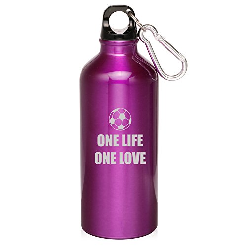 20oz Aluminum Sports Water Bottle Caribiner Clip One Life Soccer (Purple)