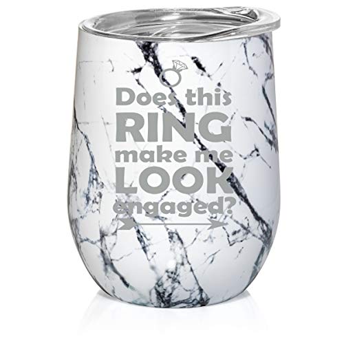 12 oz Double Wall Vacuum Insulated Stainless Steel Marble Stemless Wine Tumbler Glass Coffee Travel Mug With Lid Does This Ring Make Me Look Engaged Engagement (Black White Marble)