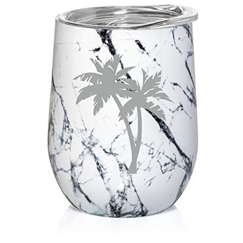 12 oz Double Wall Vacuum Insulated Stainless Steel Marble Stemless Wine Tumbler Glass Coffee Travel Mug With Lid Palm Trees (Black White Marble)