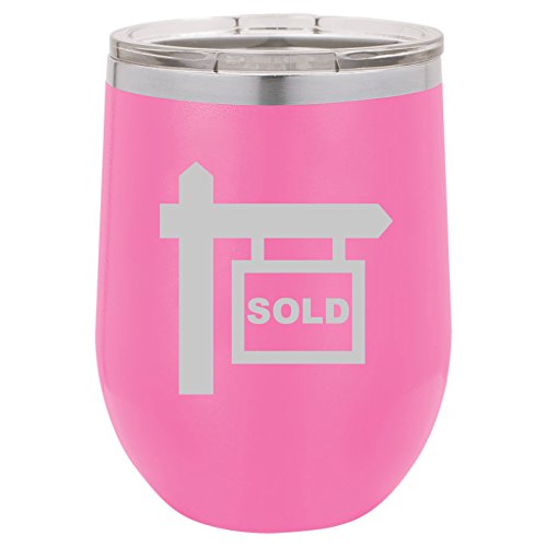 12 oz Double Wall Vacuum Insulated Stainless Steel Stemless Wine Tumbler Glass Coffee Travel Mug With Lid Real Estate Agent Broker Realtor Sold (Hot-Pink)