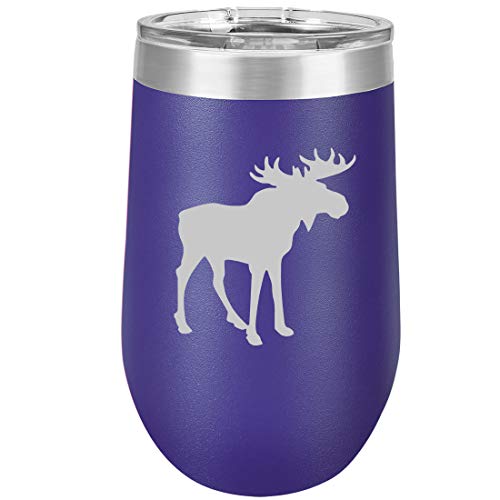 16 oz Double Wall Vacuum Insulated Stainless Steel Stemless Wine Tumbler Glass Coffee Travel Mug With Lid Moose (Purple)