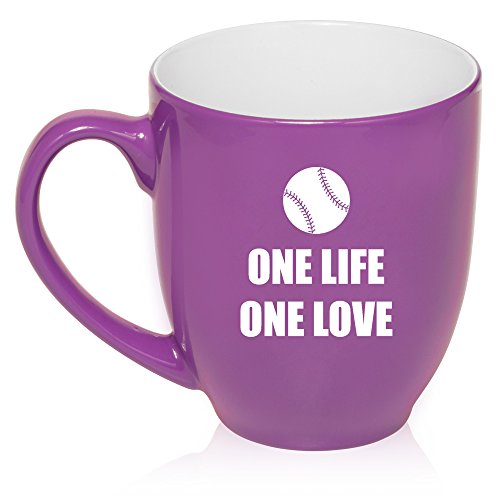 16 oz Large Bistro Mug Ceramic Coffee Tea Glass Cup One Life One Love Baseball Softball (Purple)