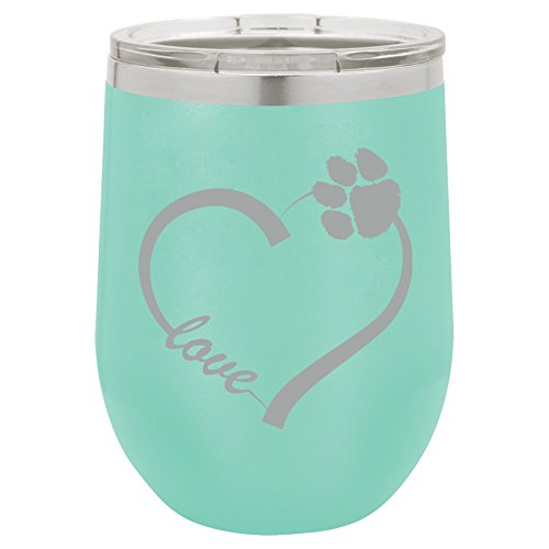 12 oz Double Wall Vacuum Insulated Stainless Steel Stemless Wine Tumbler Glass Coffee Travel Mug With Lid Love Heart Paw Animals (Teal)