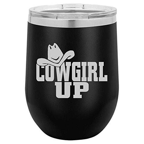 12 oz Double Wall Vacuum Insulated Stainless Steel Stemless Wine Tumbler Glass Coffee Travel Mug With Lid Cowgirl Up With Hat (Black)