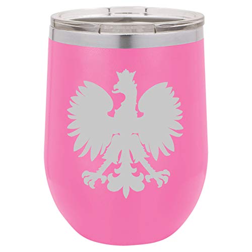 12 oz Double Wall Vacuum Insulated Stainless Steel Stemless Wine Tumbler Glass Coffee Travel Mug With Lid Poland Eagle (Hot-Pink)