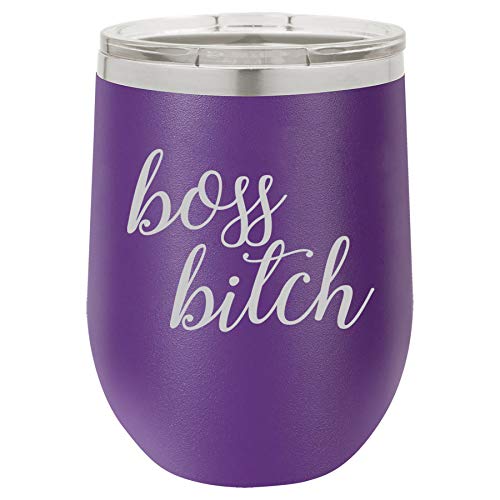 12 oz Double Wall Vacuum Insulated Stainless Steel Stemless Wine Tumbler Glass Coffee Travel Mug With Lid Boss Btch (Purple)