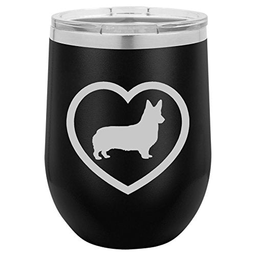 12 oz Double Wall Vacuum Insulated Stainless Steel Stemless Wine Tumbler Glass Coffee Travel Mug With Lid Corgi Heart (Black)