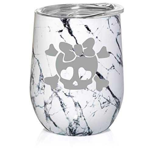 12 oz Double Wall Vacuum Insulated Stainless Steel Marble Stemless Wine Tumbler Glass Coffee Travel Mug With Lid Heart Skull Bow (Black White Marble)