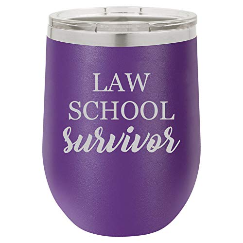 12 oz Double Wall Vacuum Insulated Stainless Steel Stemless Wine Tumbler Glass Coffee Travel Mug With Lid Law School Survivor Law School Student Lawyer Paralegal Funny (Purple)