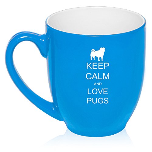 16 oz Light Blue Large Bistro Mug Ceramic Coffee Tea Glass Cup Keep Calm and Love Pugs