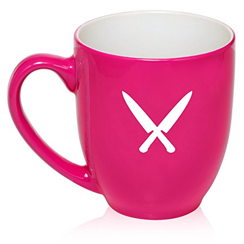 16 oz Large Bistro Mug Ceramic Coffee Tea Glass Cup Chef Knives (Hot Pink)