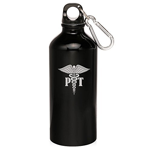 20oz Aluminum Sports Water Bottle Caribiner Clip PT Physical Therapy Medical Symbol (Black)