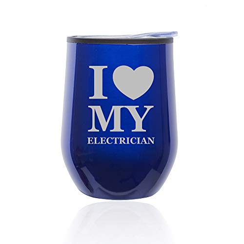 Stemless Wine Tumbler Coffee Travel Mug Glass With Lid I Love Heart My Electrician (Blue)