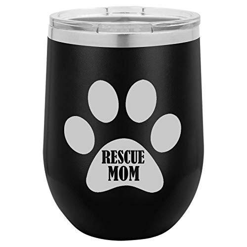 12 oz Double Wall Vacuum Insulated Stainless Steel Stemless Wine Tumbler Glass Coffee Travel Mug With Lid Paw Print Rescue Mom (Black)