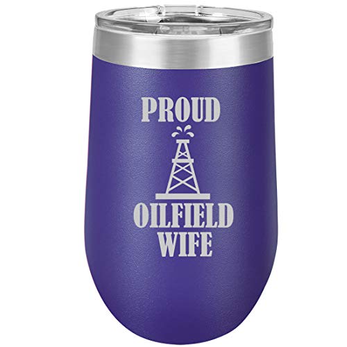 16 oz Double Wall Vacuum Insulated Stainless Steel Stemless Wine Tumbler Glass Coffee Travel Mug With Lid Proud Oilfield Wife (Purple)