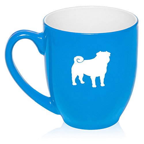 16 oz Large Bistro Mug Ceramic Coffee Tea Glass Cup Pug (Light Blue)
