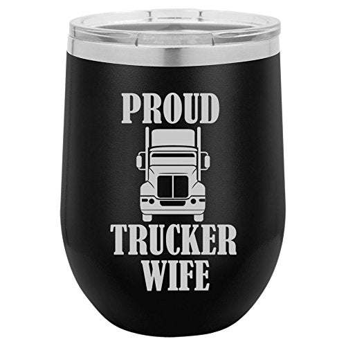 12 oz Double Wall Vacuum Insulated Stainless Steel Stemless Wine Tumbler Glass Coffee Travel Mug With Lid Proud Trucker Wife (Black)