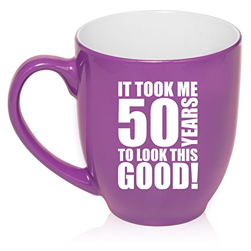 16 oz Large Bistro Mug Ceramic Coffee Tea Glass Cup It Took Me 50 Years To Look This Good 50th Birthday (Purple)
