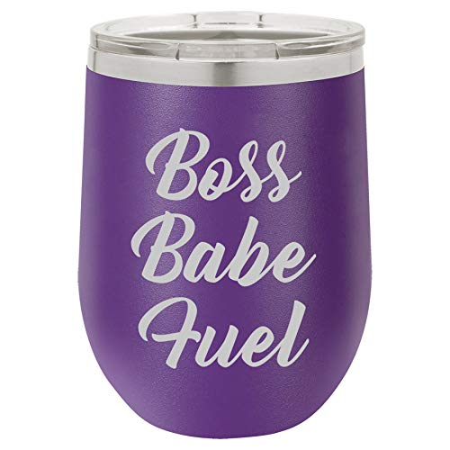 12 oz Double Wall Vacuum Insulated Stainless Steel Stemless Wine Tumbler Glass Coffee Travel Mug With Lid Boss Babe Fuel (Purple)