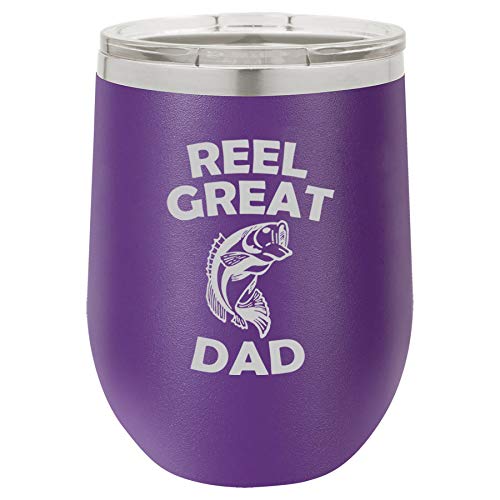 12 oz Double Wall Vacuum Insulated Stainless Steel Stemless Wine Tumbler Glass Coffee Travel Mug With Lid Reel Great Dad Bass Fish Fishing Father (Purple)