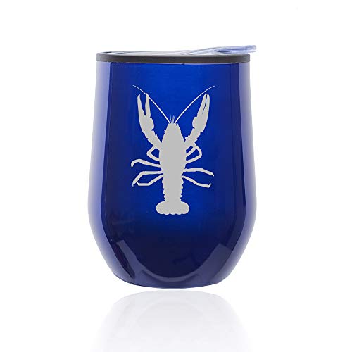 Stemless Wine Tumbler Coffee Travel Mug Glass With Lid Lobster (Blue)