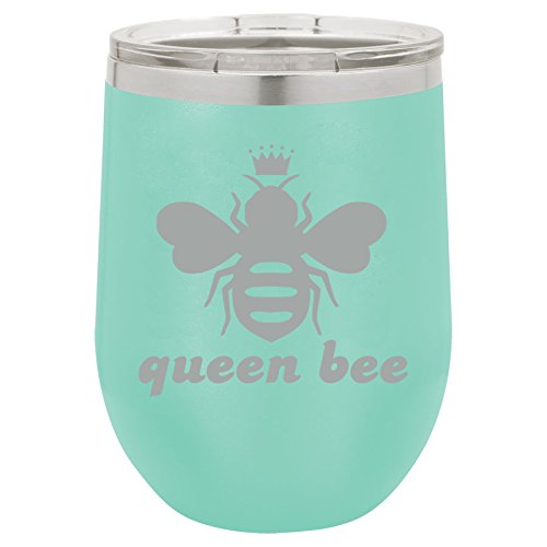 12 oz Double Wall Vacuum Insulated Stainless Steel Stemless Wine Tumbler Glass Coffee Travel Mug With Lid Queen Bee (Teal)