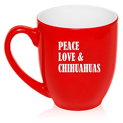 16 oz Large Bistro Mug Ceramic Coffee Tea Glass Cup Peace Love & Chihuahuas (Red)